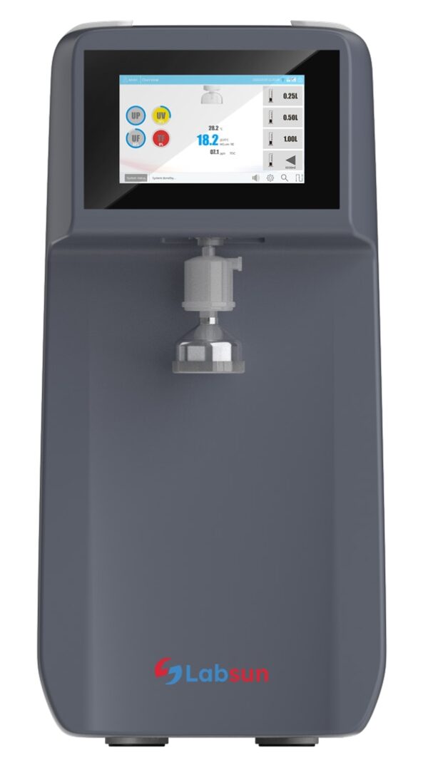 PU 2 Labsun UP Reinstwassersystem für Typ I mit Touchscreen und Wasserentnahme in Frontansicht
